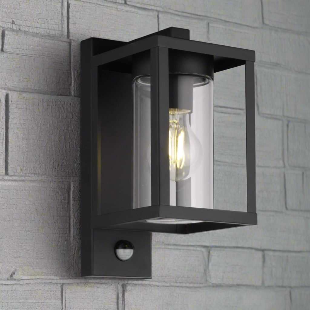 CGC ABEL Matt Black Box Lantern Wall Light with PIR Motion Sensor