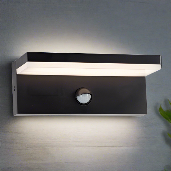 CGC Dallas Black Rectangular Outdoor Wall Light PIR Motion Sensor LED Opal Diffuser 3000k Warm White IP54