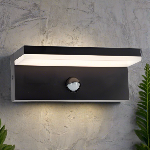 CGC Dallas Black Rectangular Outdoor Wall Light PIR Motion Sensor LED Opal Diffuser 3000k Warm White IP54