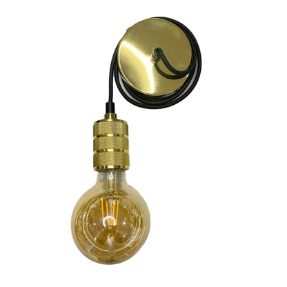 Gold metal pendant and matching ceiling rose, black braided fabric cord, includes screws, rawl plugs, connectors, ceiling bracket and instructions