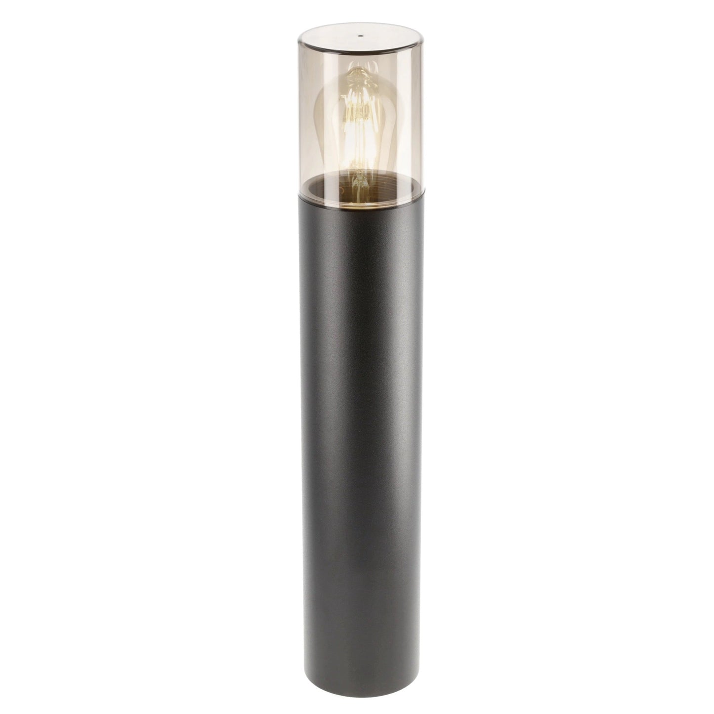 This post light features a smoky diffuser, and measures 50 cm high. With its reduced appearance due to its height and colour, this elegant pillar light suits both modern and traditional architecture.