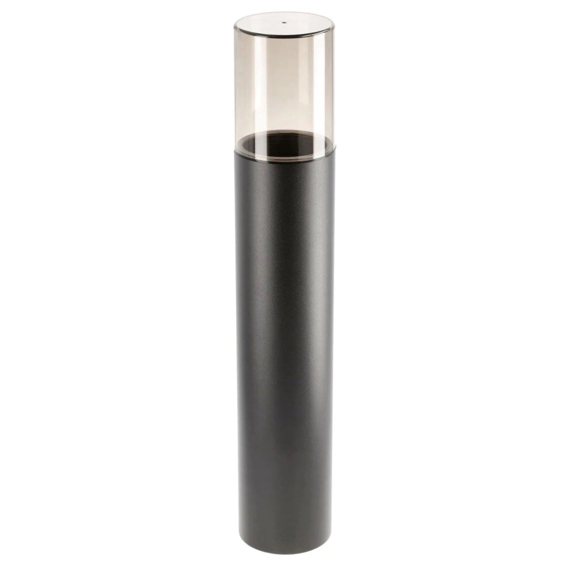 This post light features a smoky diffuser, and measures 50 cm high. With its reduced appearance due to its height and colour, this elegant pillar light suits both modern and traditional architecture.