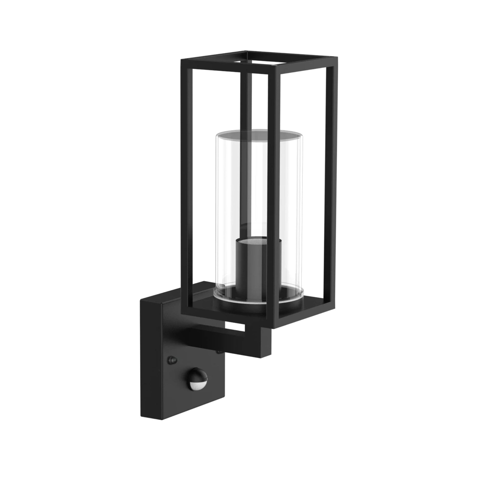 Wall lantern with clear glass and black finish. The elegant appearance of the lamp makes it ideal for modern outdoor spaces. You can install it with a decorative light bulb to give a more traditional look to a contemporary design. It has a PIR motion sensor.