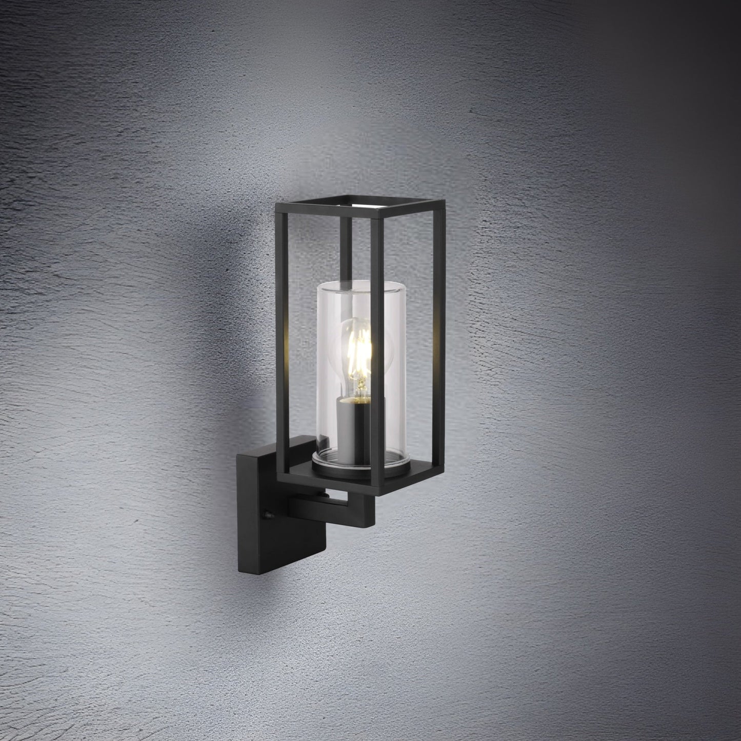 Wall lantern with clear glass and black finish. The elegant appearance of the lamp makes it ideal for modern outdoor spaces. You can install it with a decorative light bulb to give a more traditional look to a contemporary design.