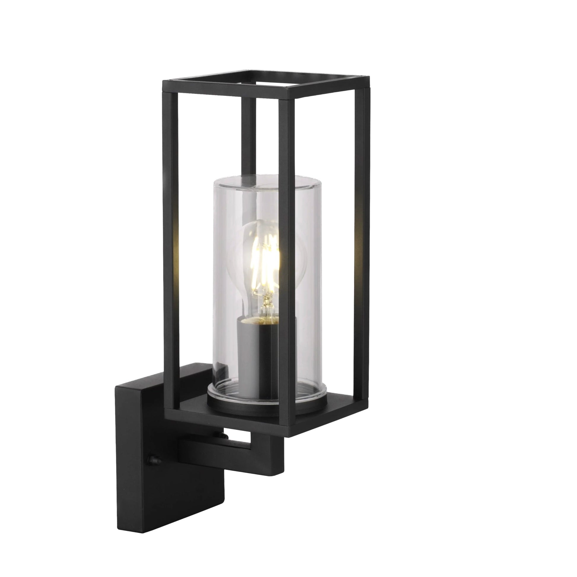 Wall lantern with clear glass and black finish. The elegant appearance of the lamp makes it ideal for modern outdoor spaces. You can install it with a decorative light bulb to give a more traditional look to a contemporary design.