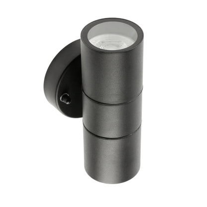  Our Leon outdoor up and down outdoor wall light is modern and stylish in its appearance.  It comes in a cylinder design mounted on a circular back plate and complete with clear glass diffusers. It is designed for durability and longevity with its robust material producing a fully weatherproof and water resistant light fitting