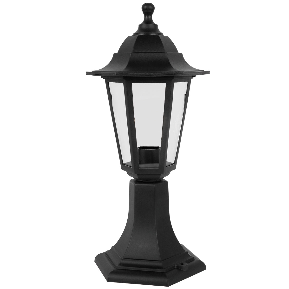 Our Yasmin lantern delivers on style and durability and is a smart choice for your exterior lighting. With its black polycarbonate construction teamed with clear polycarbonate panes, this lantern is hardwearing and rust and weatherproof. Built for life outdoors, it has an IP44 rating which means it can withstand the harshest of weather conditions. For sophisticated yet robust outdoor lighting, our Yasmin black outdoor traditional lantern is a strong contender.