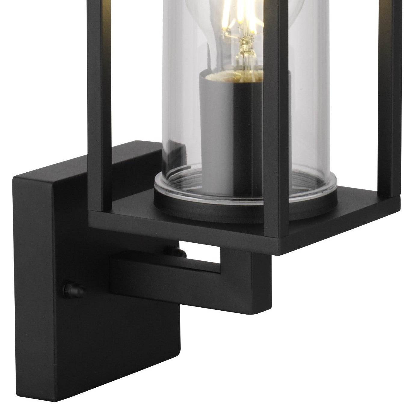 Wall lantern with clear glass and black finish. The elegant appearance of the lamp makes it ideal for modern outdoor spaces. You can install it with a decorative light bulb to give a more traditional look to a contemporary design.